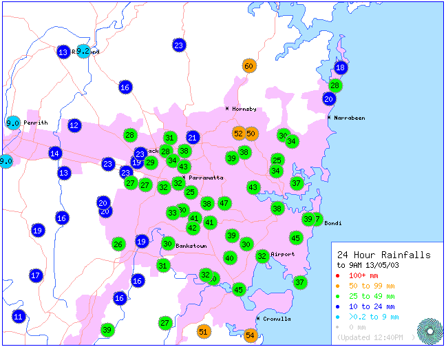Sydney Rainfall 24 hours to 9am